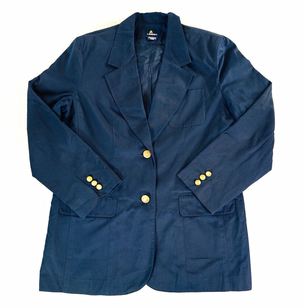 Vintage Liz Sport Navy Blue Cotton Blazer Gold Buttons Classic Preppy Academic